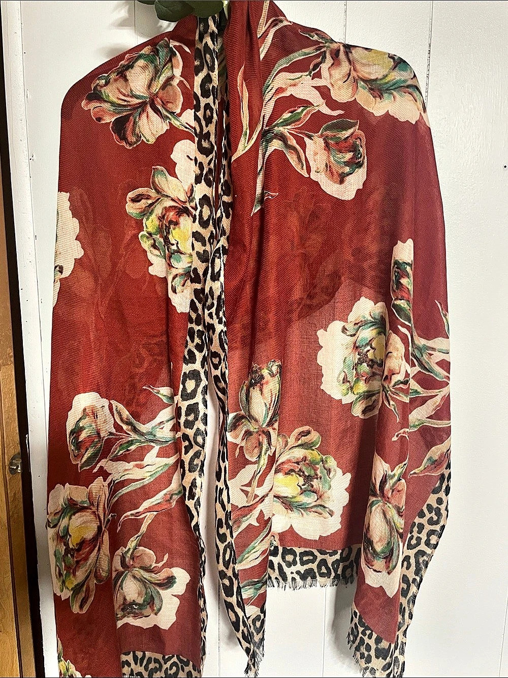 Floral Leopard Border Scarf in Red & Brown